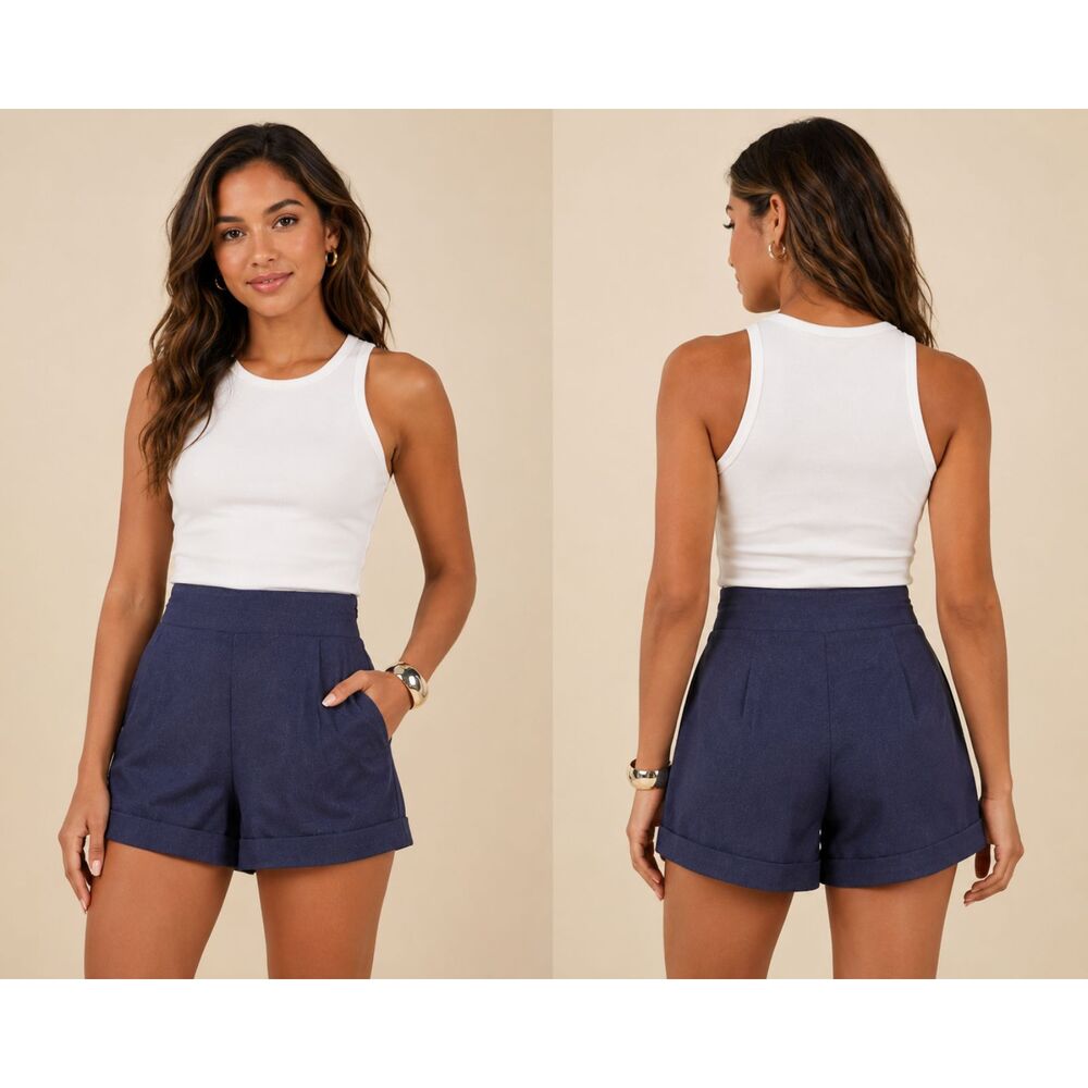 Lulus Navy High Rise Cuffed Shorts NWT Women's Small